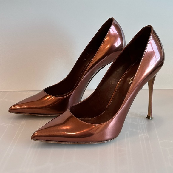 SALE SERGIO ROSSI GODIVA Red Dark Metallic Bronze Patent Leather Point Toe Pumps - Picture 7 of 12